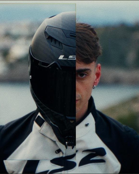 Retrato de Jordi con casco LS2, imagen de identidad de Shorycoi